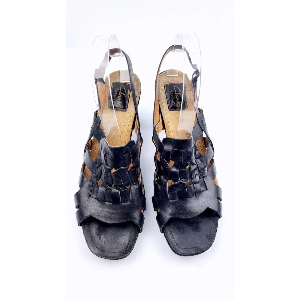 CLARKS Womens Black Crisscross Straps Round Toe Block Heel Dress Sandals‎ Size 9